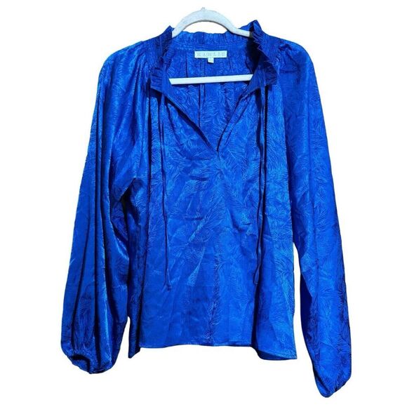 KARLIE Top Womens Large Blue Embossed Flowy Tasseled Peasant Long Sleeve Blouse - Picture 1 of 9